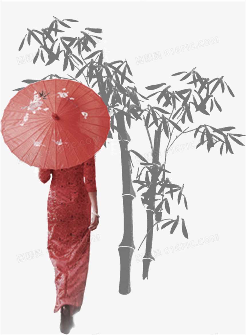 古典风古代美女打伞背影竹子