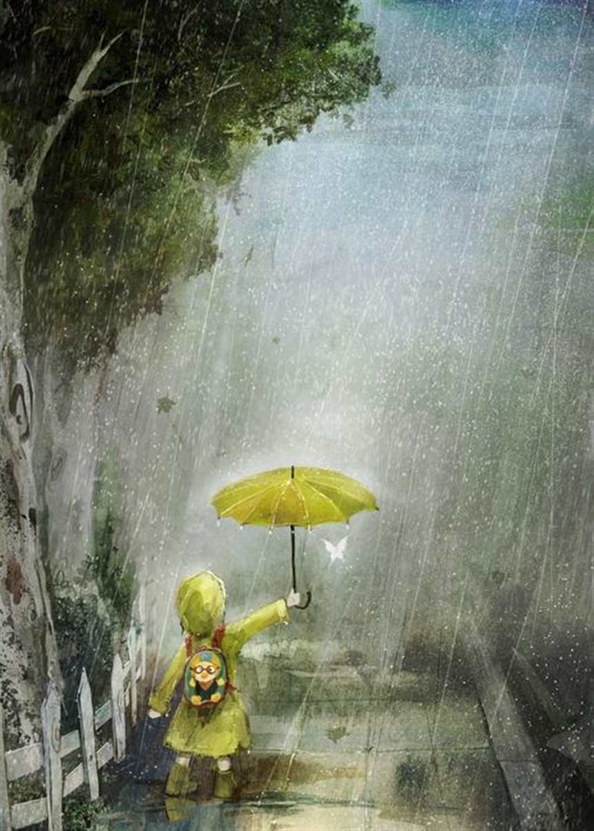 雨中打伞的小孩子绘画