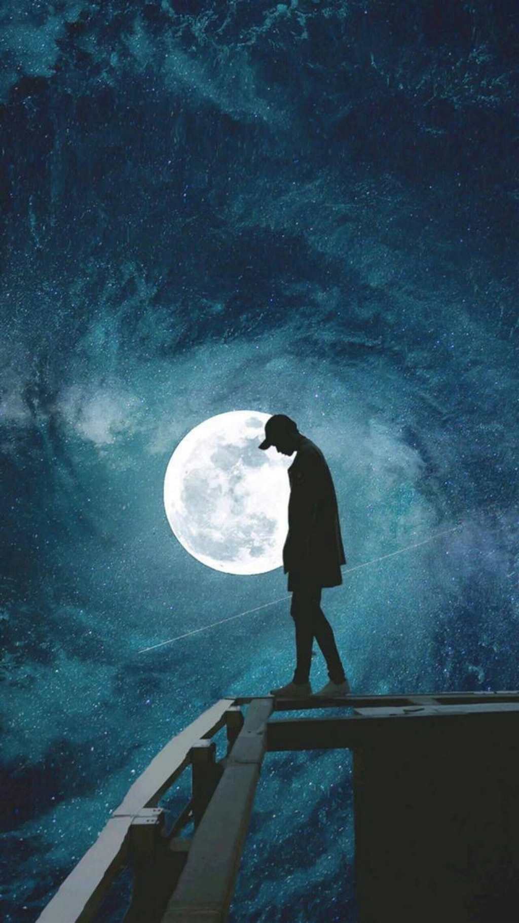 手机壁纸一个人的孤独图片#男生#月亮#夜晚#星空