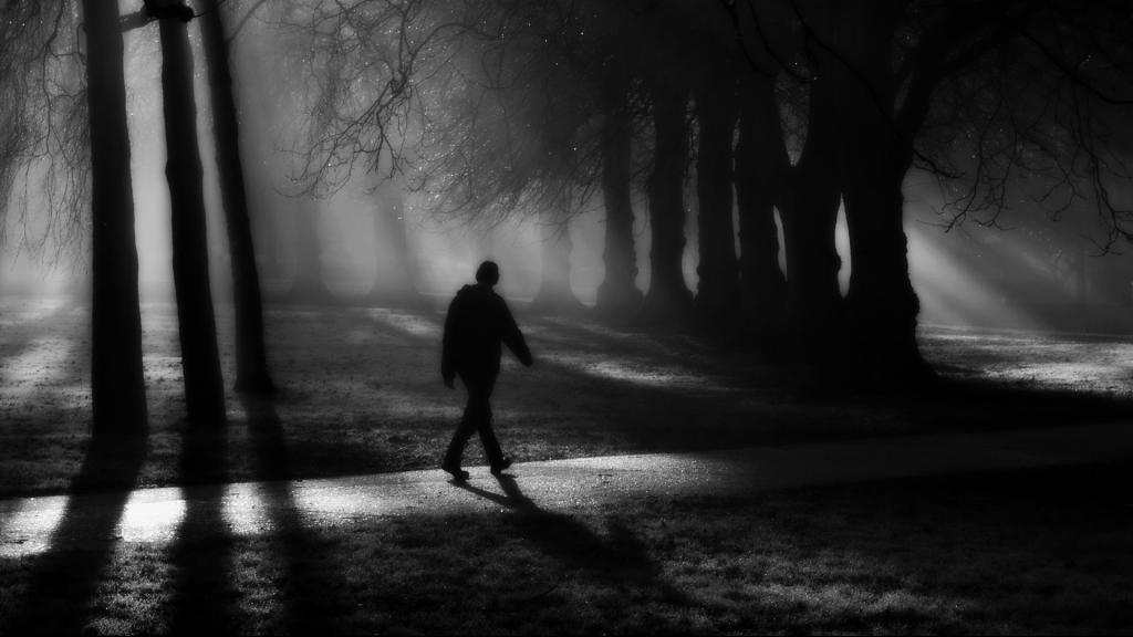 男生一个人的孤单黑白图片#夜晚#男生#黑白#森林#树木