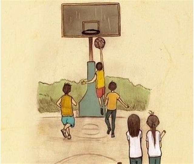 一个女生背看着正在打篮球的男生的图片#卡通