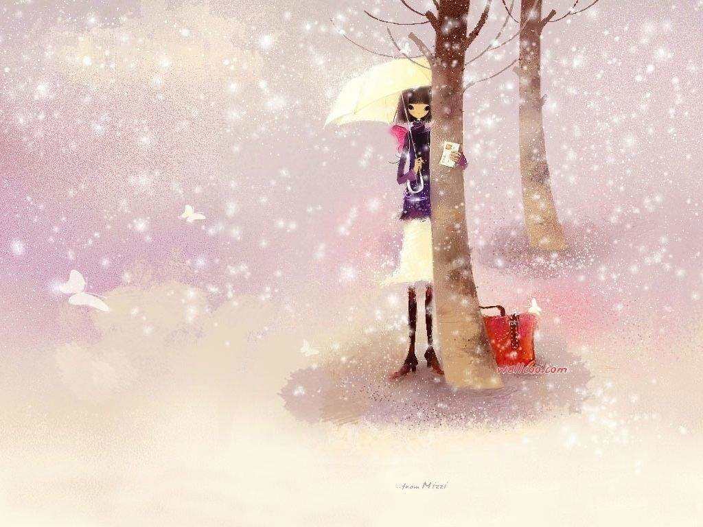 唯美,浪漫树下的女孩#手绘#卡通#下雪