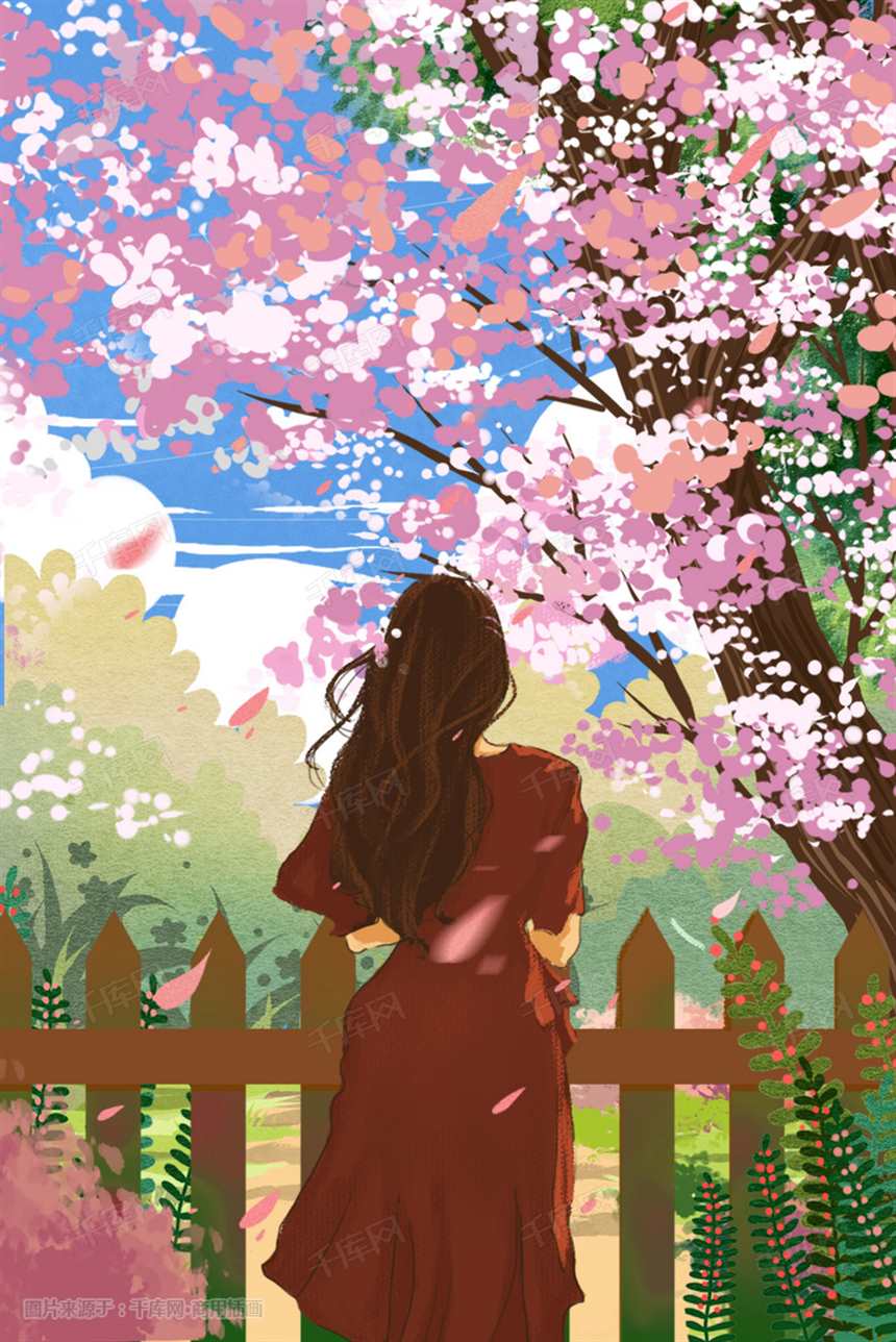 粉色系的 女生在粉红色调的 樱花树下#女生#二次元#手绘#卡通#背影#唯美
