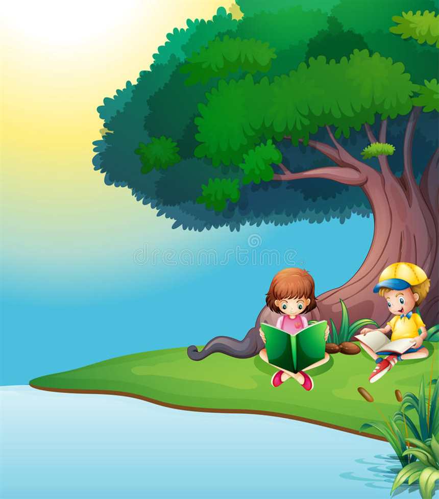 一个男孩和女孩读书在树下#二次元#女生#男生#小孩