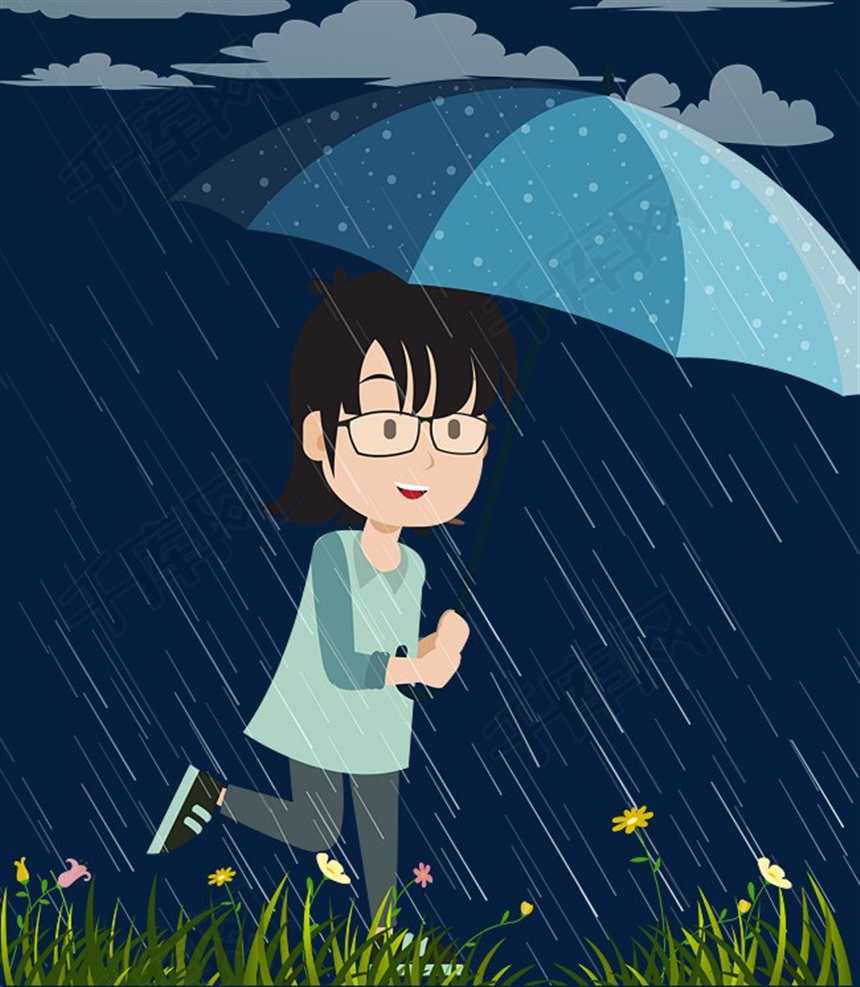 手绘下雨打伞的孩子#卡通