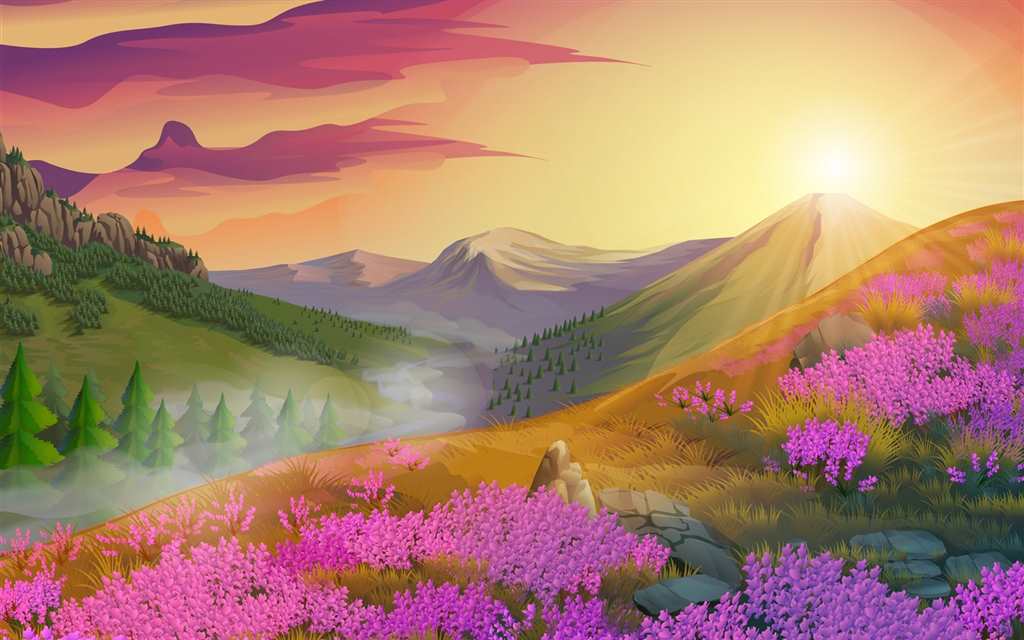 粉红色的花,山,太阳,自然景观#卡通#手绘