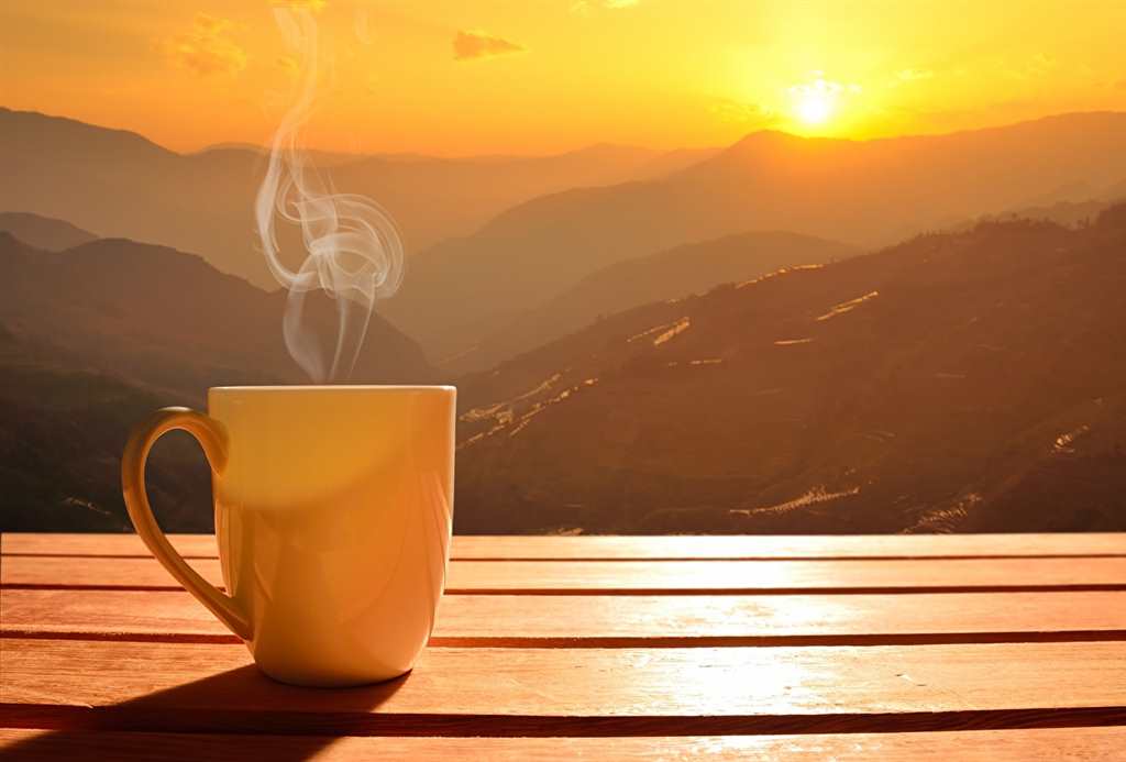 山,日出和日落,马克杯,蒸气,太阳,大自然#喝茶#唯美