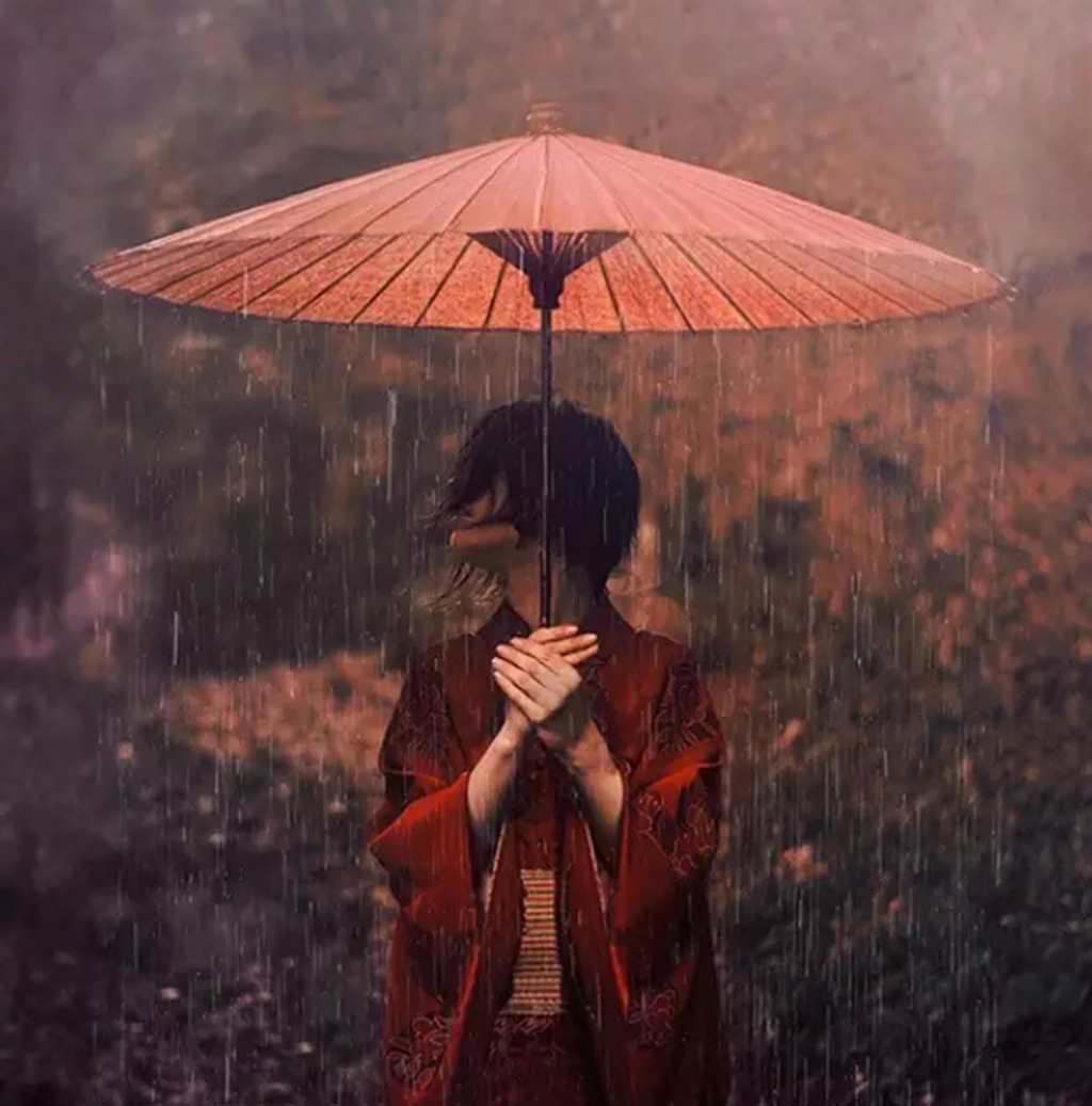 红伞下颓废的美#女人#女生#下雨