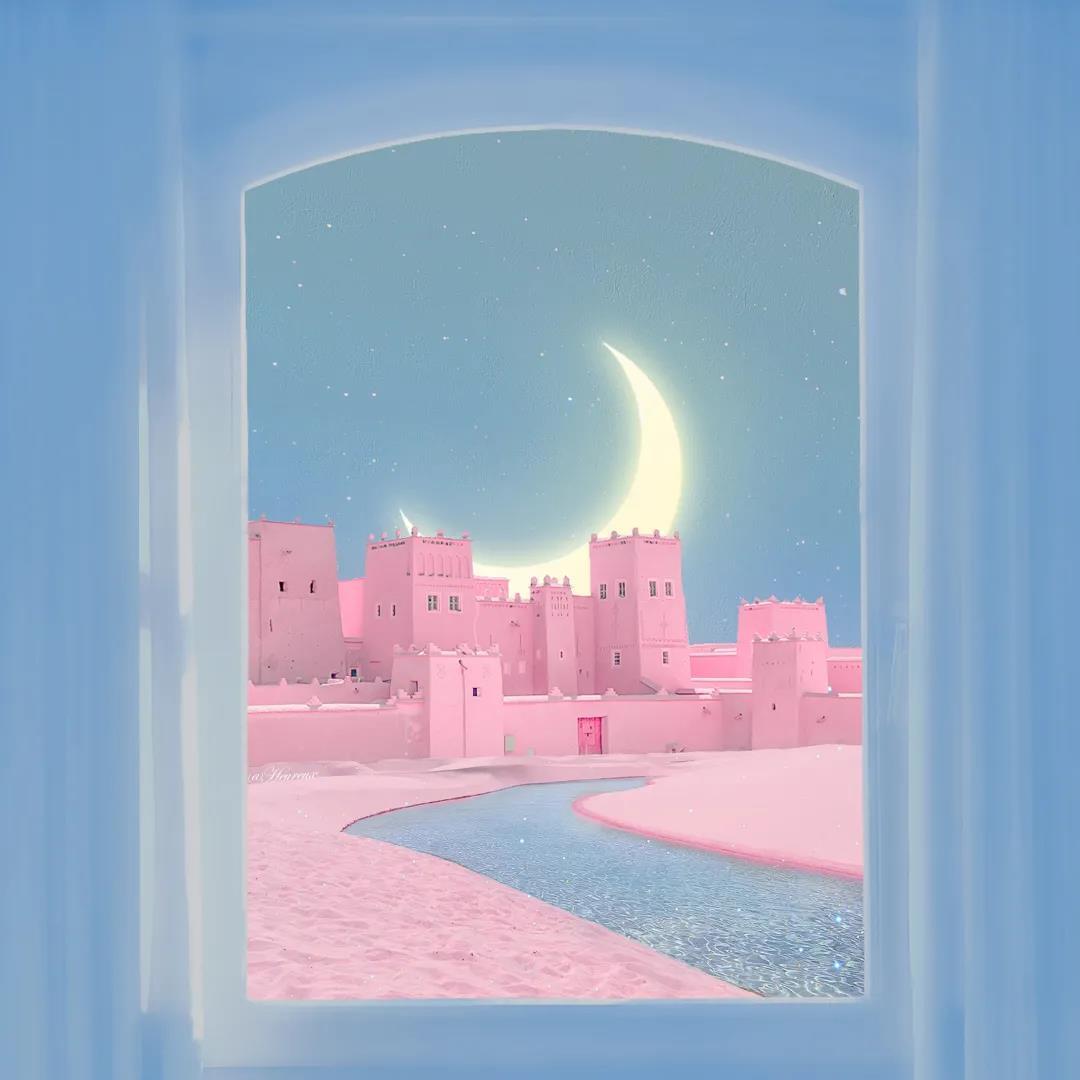 与月光为邻|窗口外弯弯的月亮和唯美的风景插画图片