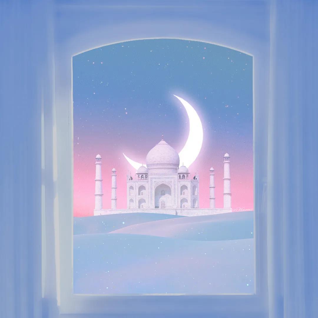 与月光为邻|窗口外弯弯的月亮和唯美的风景插画图片