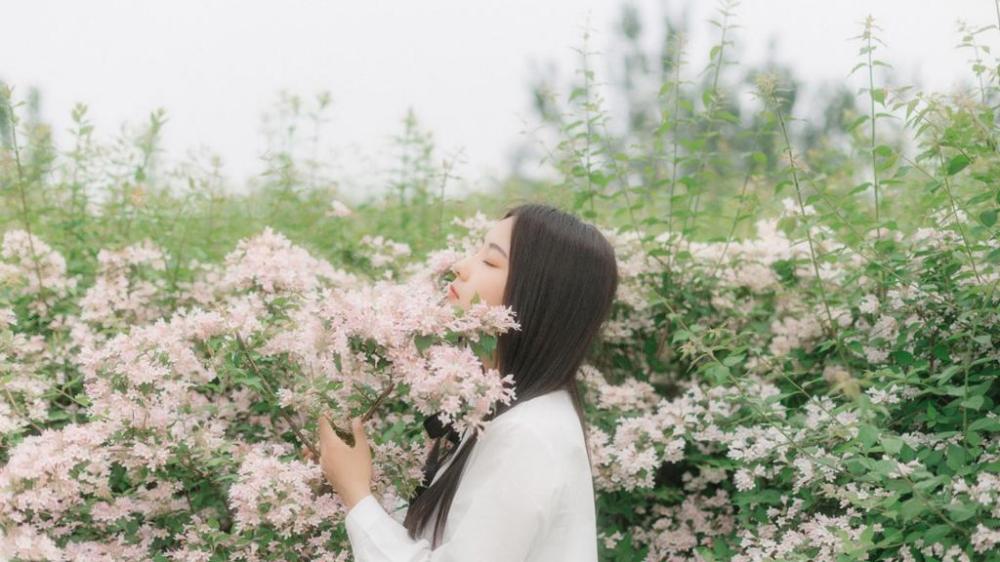 气质恬静的粉嫩学生妹黑长直发漂亮脸蛋花海写真